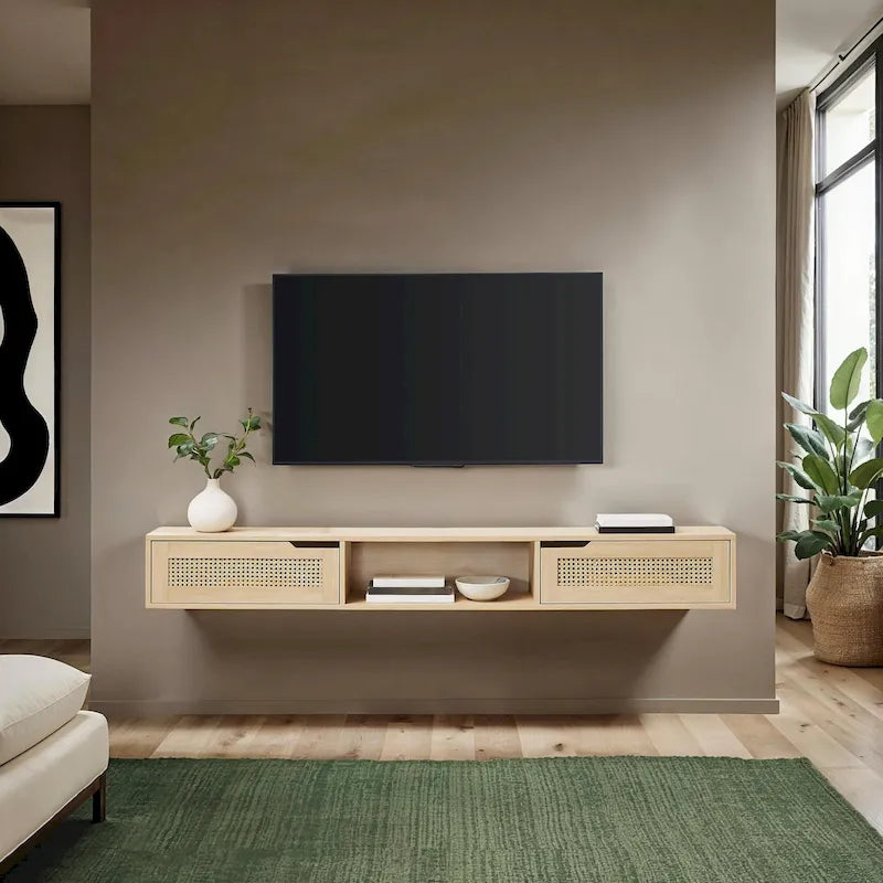 70-inch Faux Rattan-Door Floating TV Stand