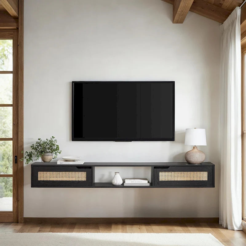 70-inch Faux Rattan-Door Floating TV Stand