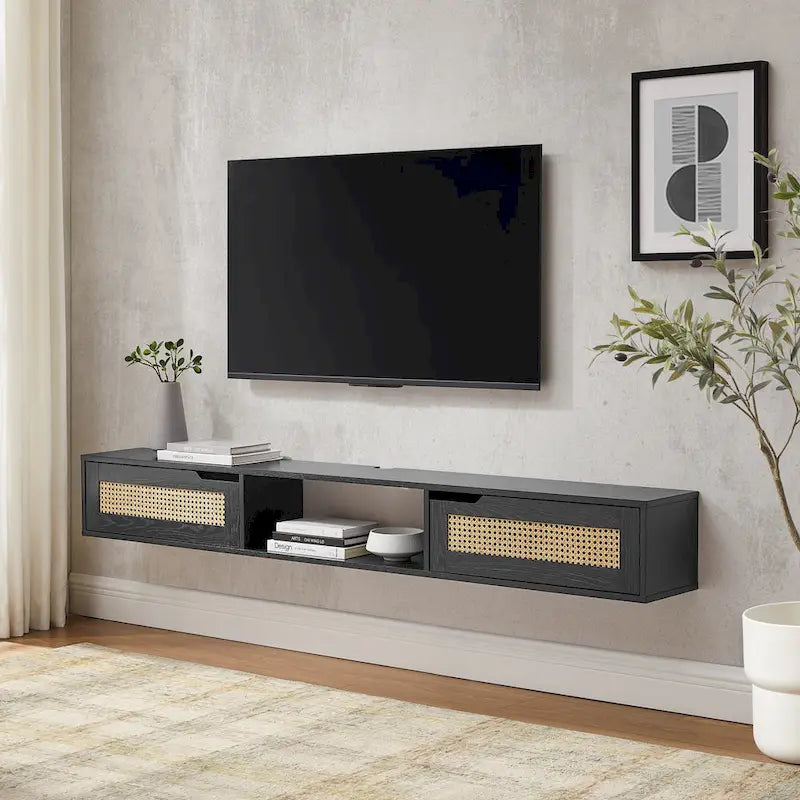 70-inch Faux Rattan-Door Floating TV Stand