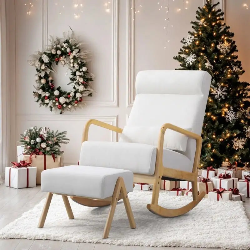 25.2" Wide Reclining Rocker Chair with Ottoman - High Back Rocking Chair, Soft Linen Fabric, Ergonomic Design