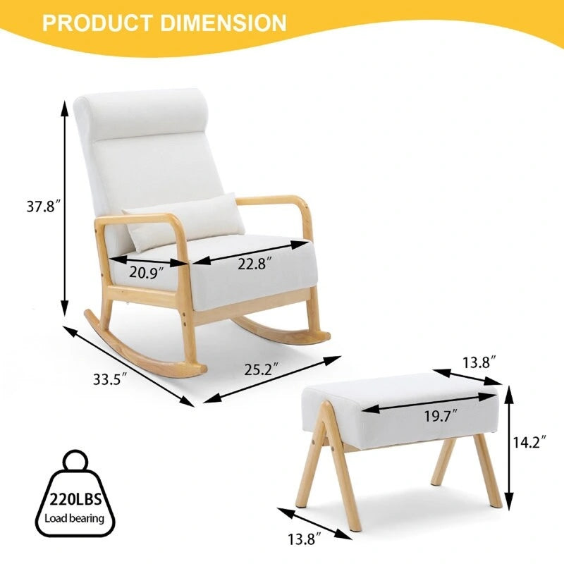 25.2" Wide Reclining Rocker Chair with Ottoman - High Back Rocking Chair, Soft Linen Fabric, Ergonomic Design