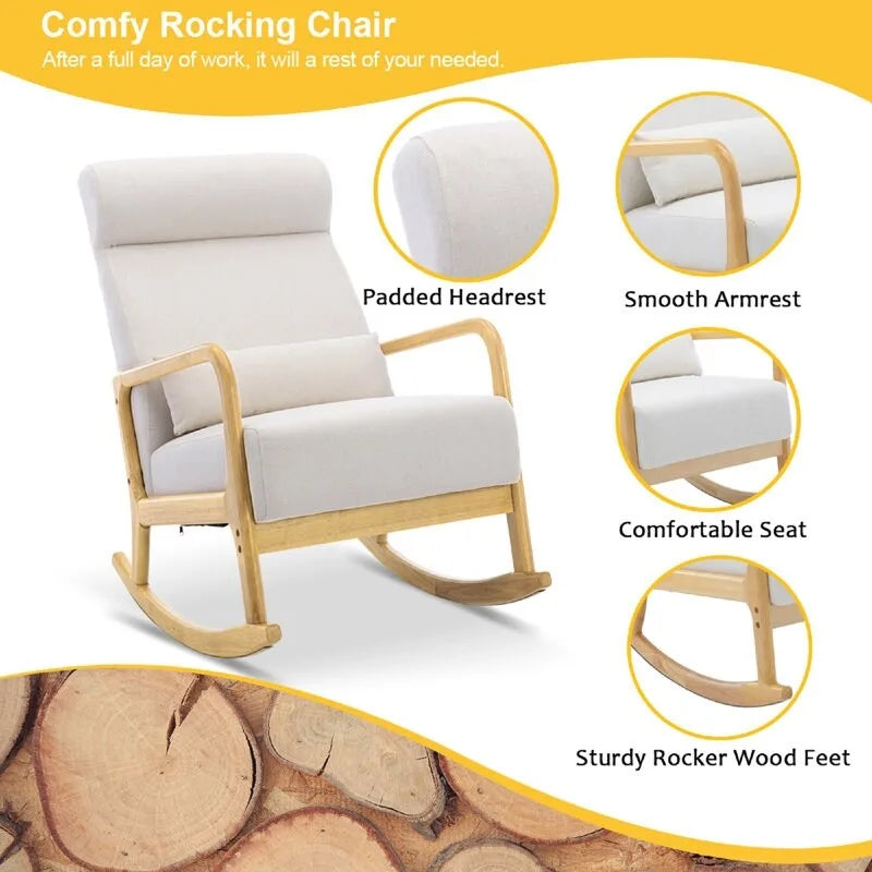 25.2" Wide Reclining Rocker Chair with Ottoman - High Back Rocking Chair, Soft Linen Fabric, Ergonomic Design