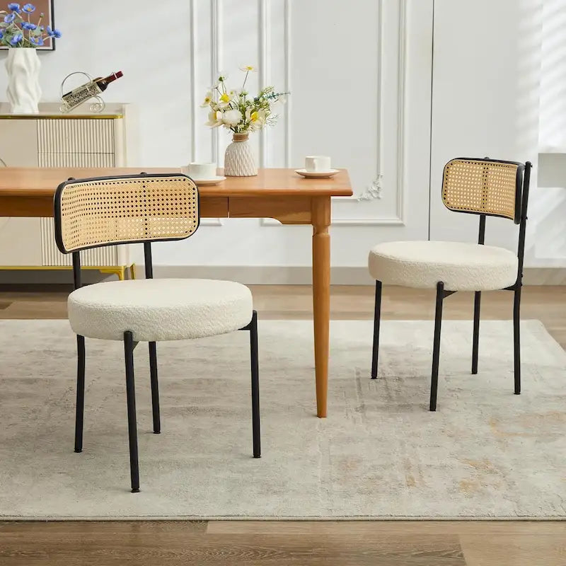 Mid-Century Modern Dining Chairs, Boucle Upholstered Metal Side Chair with Rattan Cane Back, Set of 2