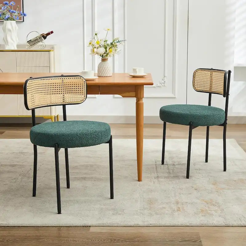 Mid-Century Modern Dining Chairs, Boucle Upholstered Metal Side Chair with Rattan Cane Back, Set of 2