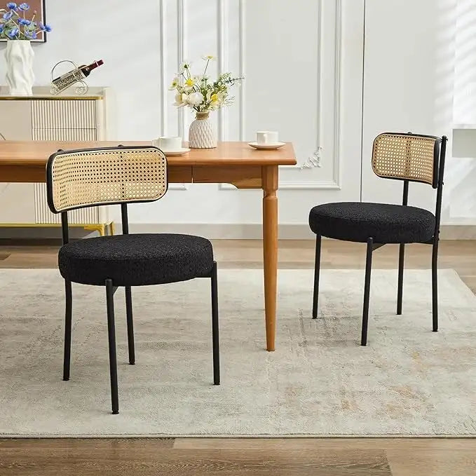 Mid-Century Modern Dining Chairs, Boucle Upholstered Metal Side Chair with Rattan Cane Back, Set of 2