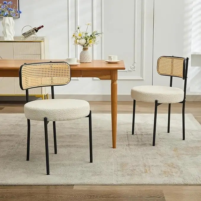 Mid-Century Modern Dining Chairs, Boucle Upholstered Metal Side Chair with Rattan Cane Back, Set of 2