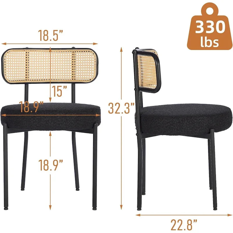 Mid-Century Modern Dining Chairs, Boucle Upholstered Metal Side Chair with Rattan Cane Back, Set of 2