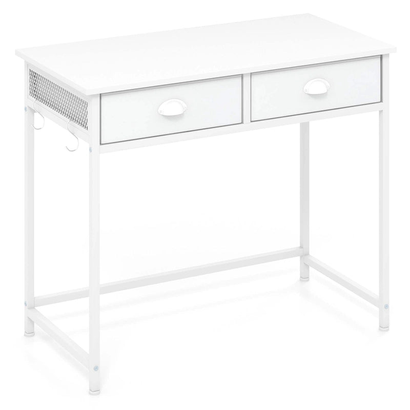 Space Saving Home Computer Desk with 2 Fabric Drawers & 4 Hanging Hooks