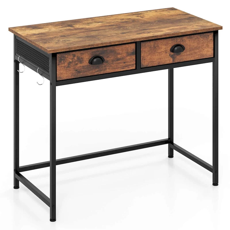 Space Saving Home Computer Desk with 2 Fabric Drawers & 4 Hanging Hooks