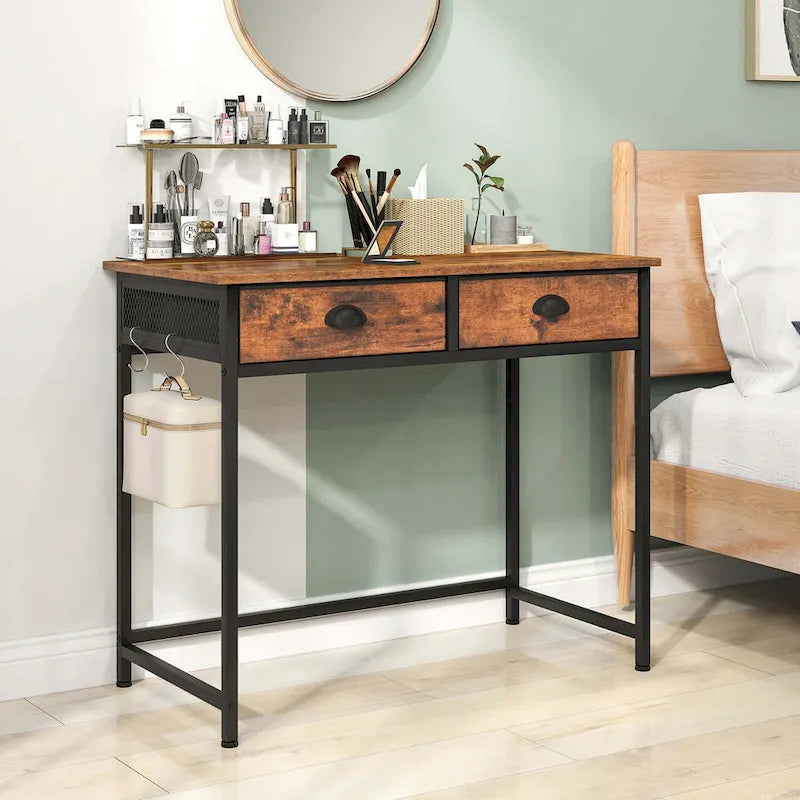 Space Saving Home Computer Desk with 2 Fabric Drawers & 4 Hanging Hooks