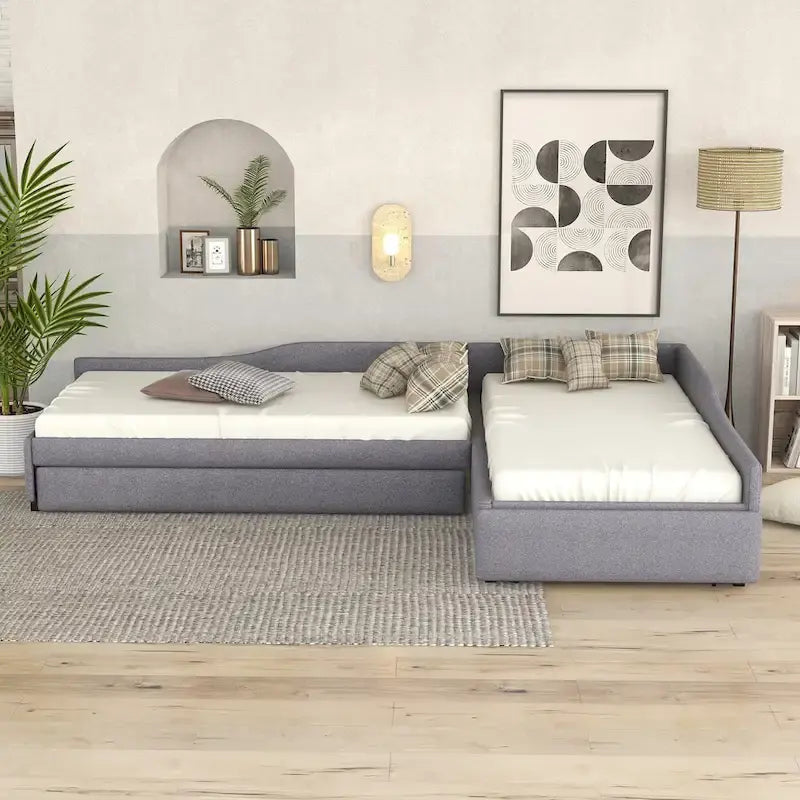 Twin Size Daybed with Drawer, Wooden Support Bed Frame, Upholstered Double Trundle, No Box Spring Needed for Teens