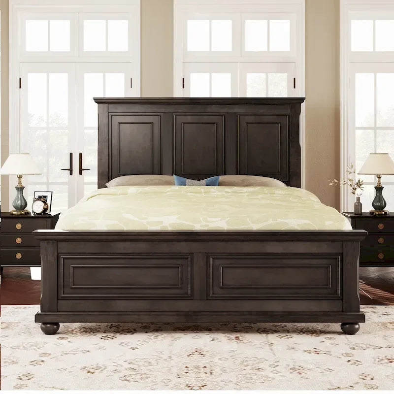 Brown King Size Traditional Style Pinewood Platform Bed with Wooden Slats Support for Bedroom