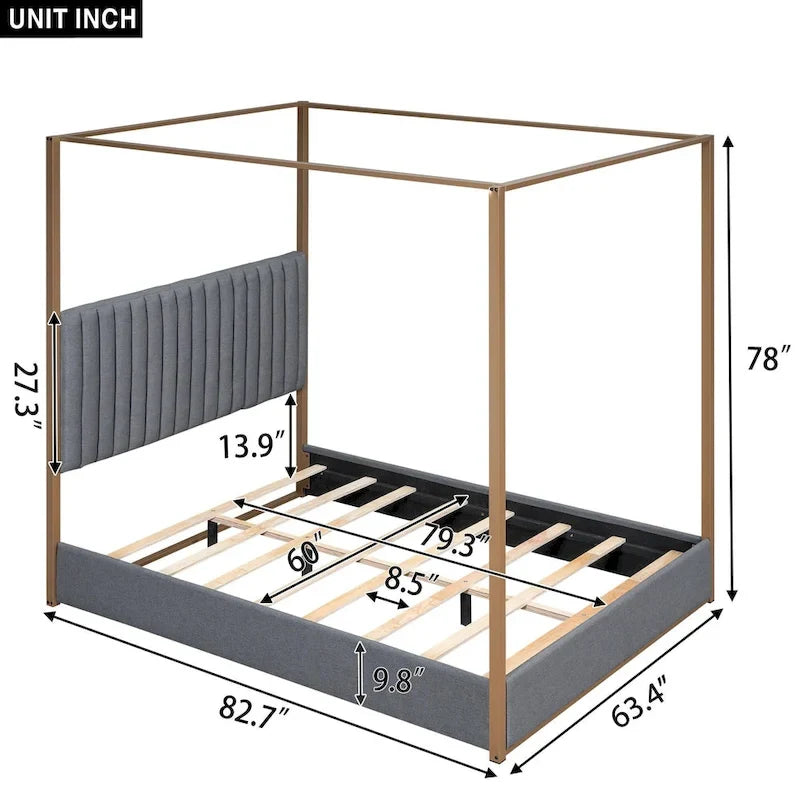 Queen Linen Canopy Bed with Headboard and Metal Frame