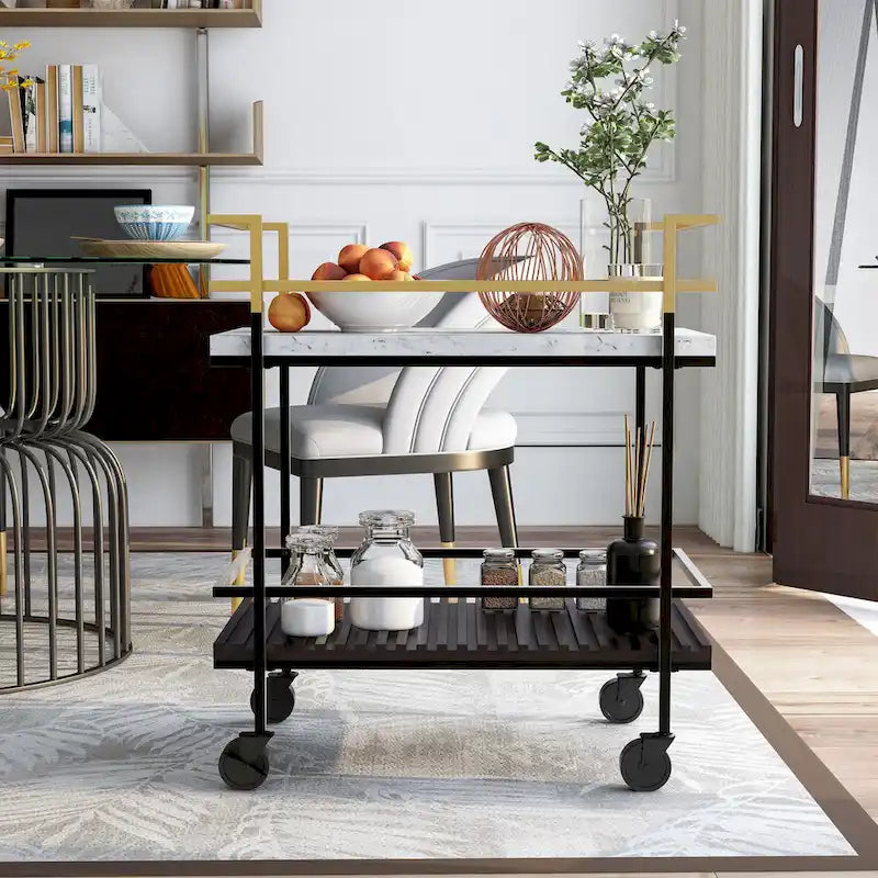 Modern White Faux Marble and Slatted 2-Shelf Serving Cart