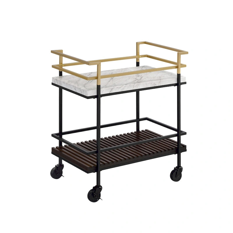 Modern White Faux Marble and Slatted 2-Shelf Serving Cart