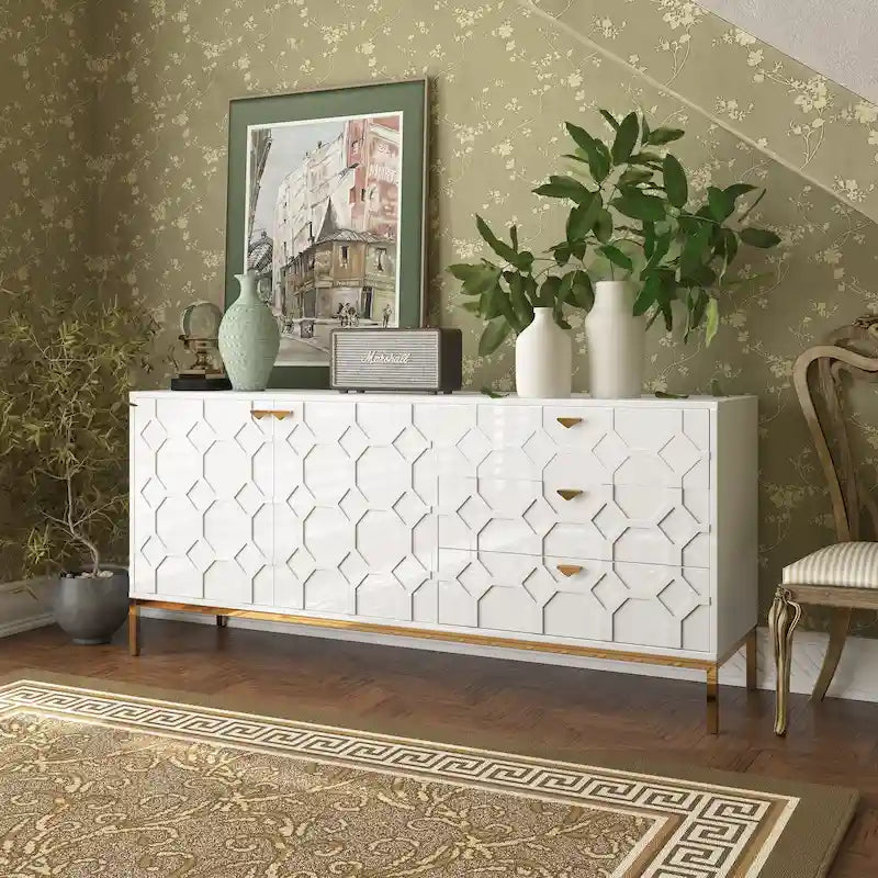 2-Door Accent Cabinet with 3 Drawers and Honeycomb Pattern