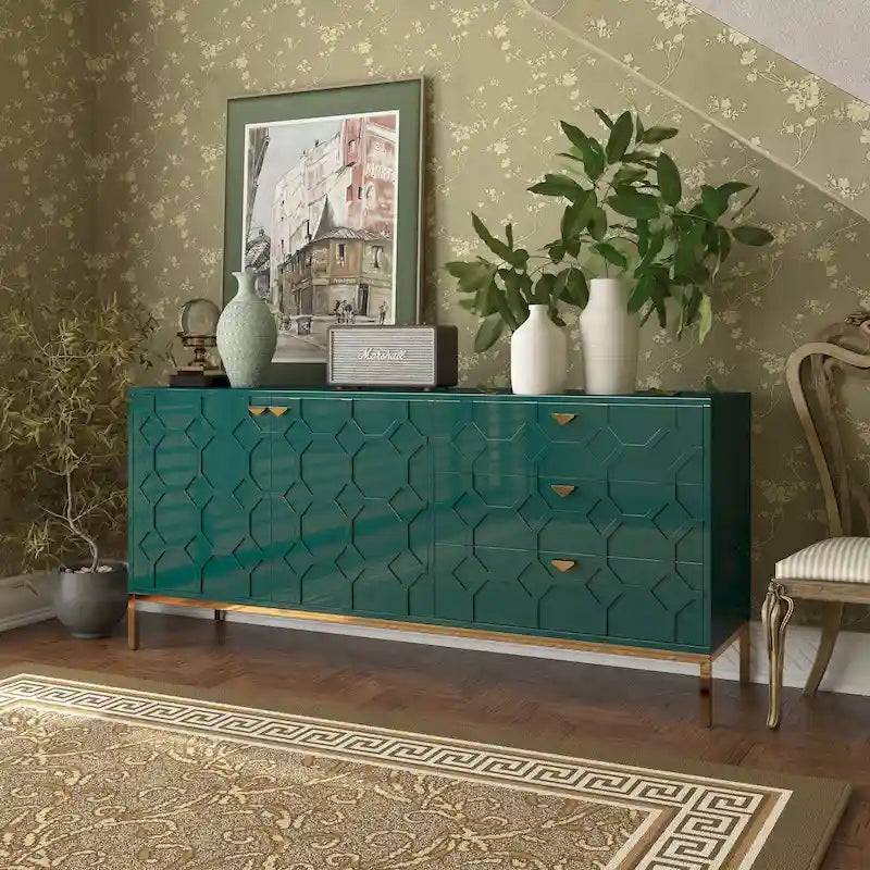 2-Door Accent Cabinet with 3 Drawers and Honeycomb Pattern