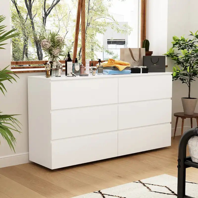 Premium 59-inch 6 Drawers White Floor Double Dresser