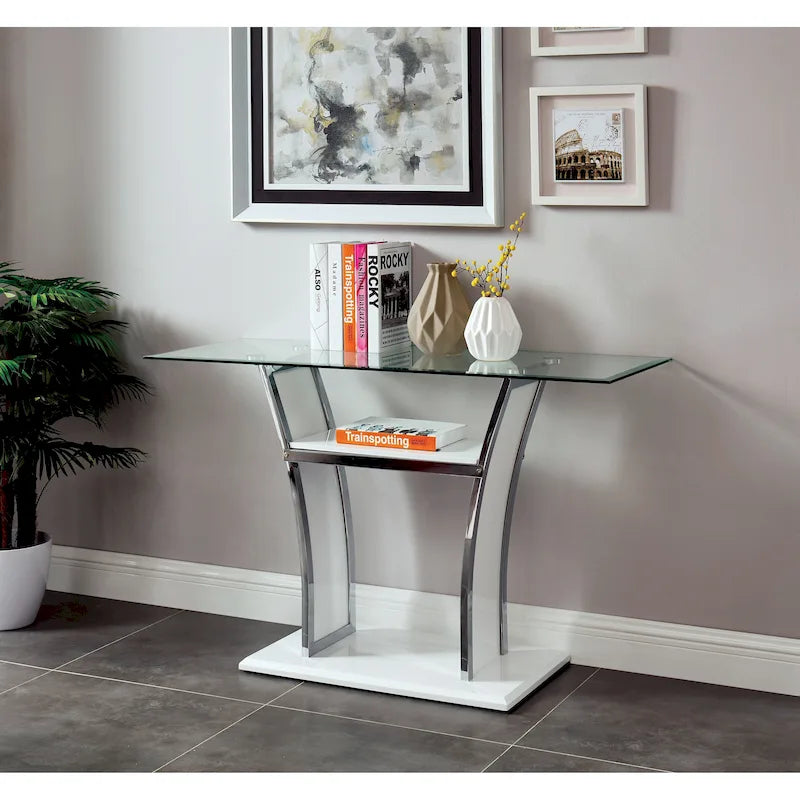 Modern 48-inch Tempered Glass Sofa Table with Chrome Accents