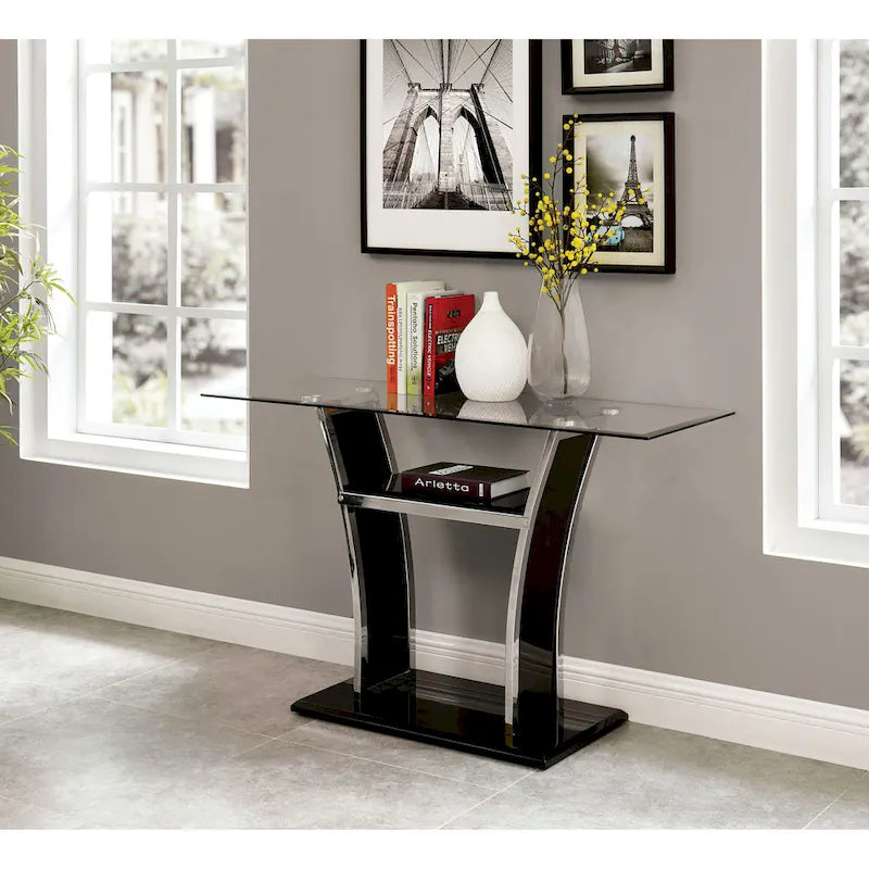 Modern 48-inch Tempered Glass Sofa Table with Chrome Accents