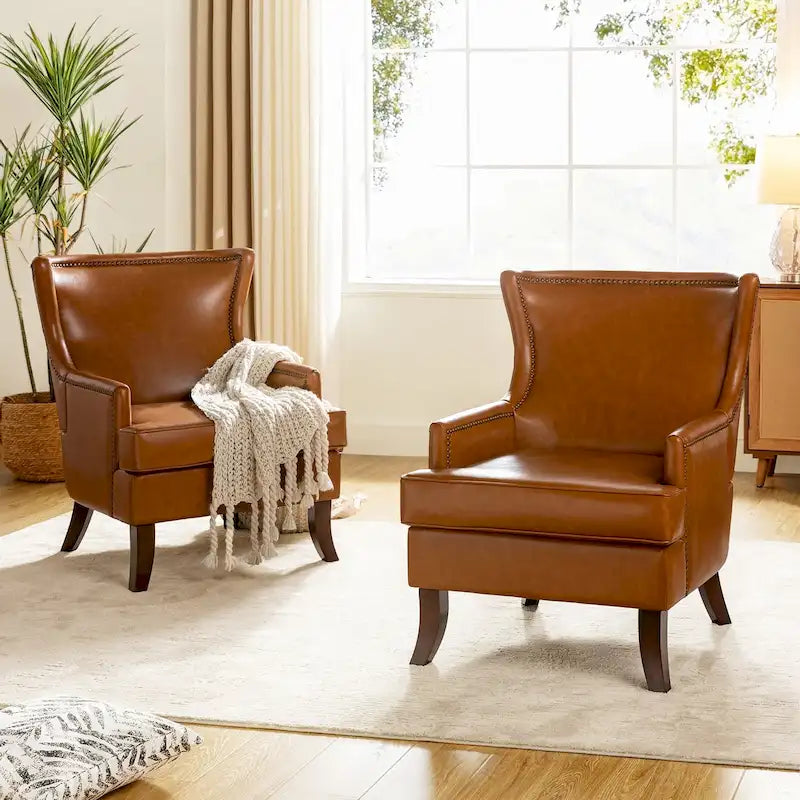 Mid-Century Modern Ergonomic Vegan Leather Wingback Armchair, Set of 2