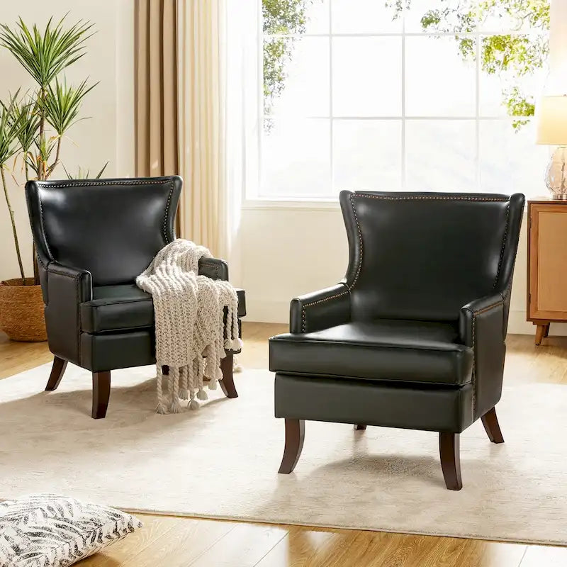 Mid-Century Modern Ergonomic Vegan Leather Wingback Armchair, Set of 2