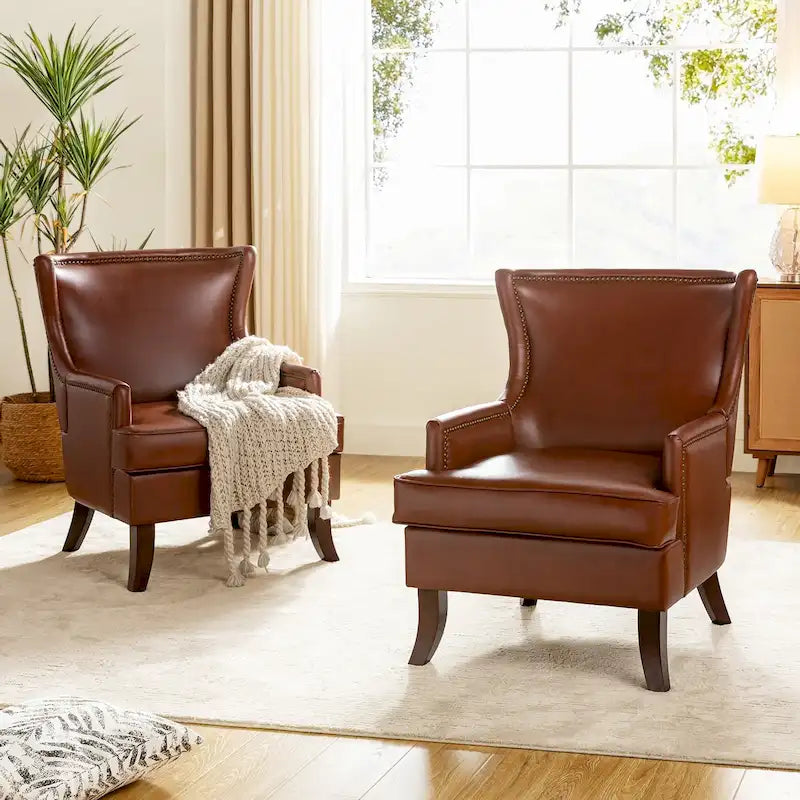 Mid-Century Modern Ergonomic Vegan Leather Wingback Armchair, Set of 2
