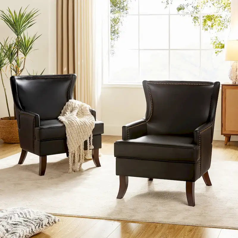 Mid-Century Modern Ergonomic Vegan Leather Wingback Armchair, Set of 2