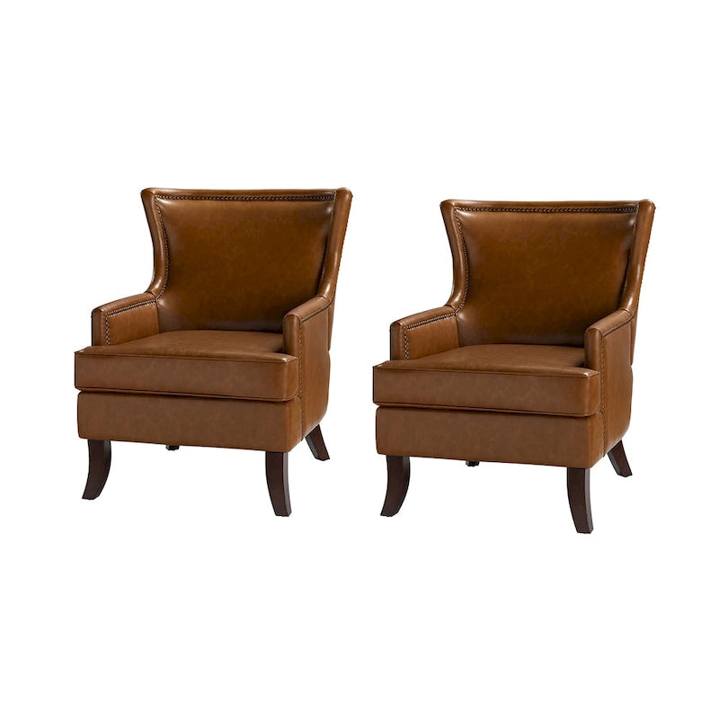 Mid-Century Modern Ergonomic Vegan Leather Wingback Armchair, Set of 2