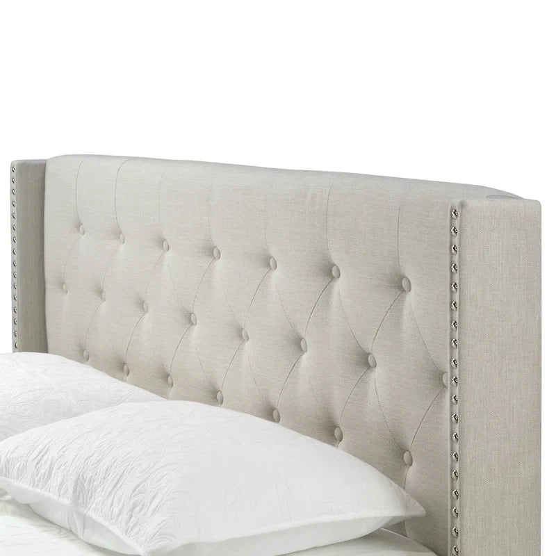 Asali Beige Fabric Bed with Button Tufting and Nail Headed Wings